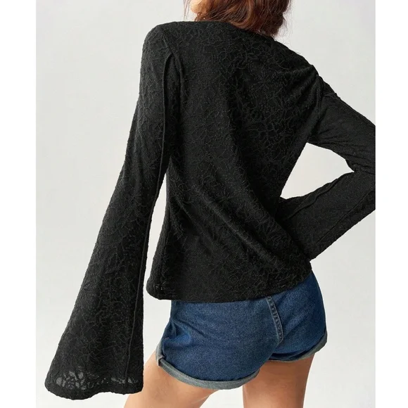 Solid lace Fitted Long Bell Sleeve Top